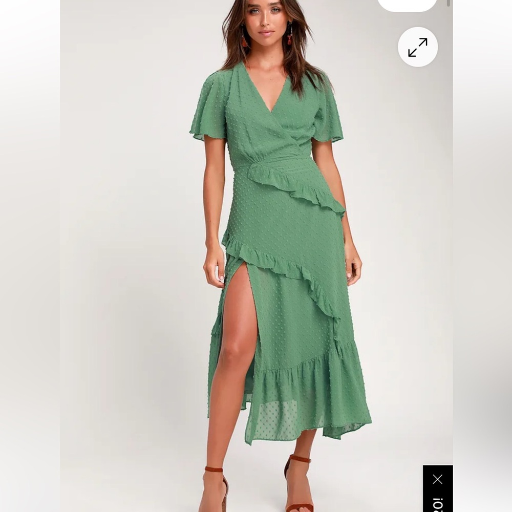 Lulu’s Next to You Sage Green Swiss Dot Ruffled Midi Dress XS NWT